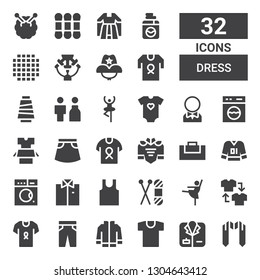 dress icon set. Collection of 32 filled dress icons included Sash, Coat, Shirt, Jacket, Trousers, Ballerina, Knit, Sleeveless, Washing machine, Clothes, Gym bag, Dress, Skirt