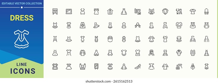 Dress icon set. Line symbol and sign. Editable stroke collections. Apparel icon. Includes symbols for garment, suit, shirt, clothes, wear and more.