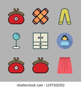 dress icon set. vector set about girl, trousers, pin and purse icons set.