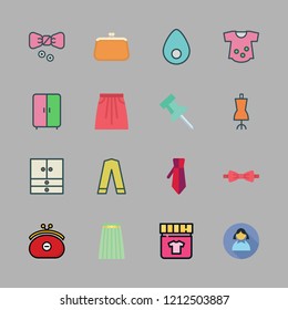 dress icon set. vector set about pin, girl, bow tie and wardrobe icons set.