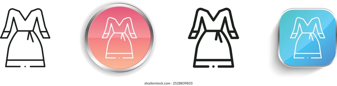 icono de vestido. Diseño de estilo lineal delgado, regular y de Botón aislado sobre fondo blanco