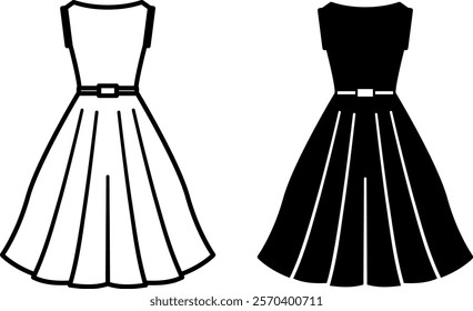 Dress Icons. Black and White Vector Icons. Women Dress with Belt, Clothing Item. Fashion Concept