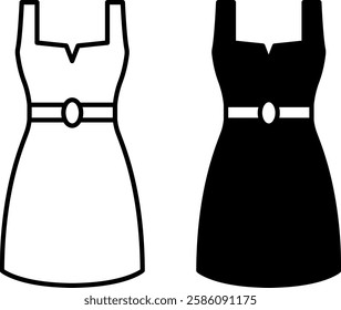 Dress Icons. Black and White Vector Drawing. Female Wardrobe Item. Short Dress with Belt. Fashion and Clothing Concept