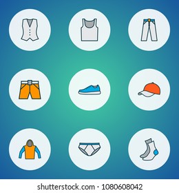 Dress icons colored line set with pants, singlet, underpants and other sneakers elements. Isolated vector illustration dress icons.
