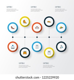 Dress icons colored line set with shoe, waistcoat, panama and other socks elements. Isolated vector illustration dress icons.