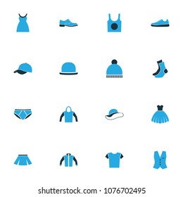 Dress icons colored set with blouse, pompom, dress and other vest elements. Isolated vector illustration dress icons.