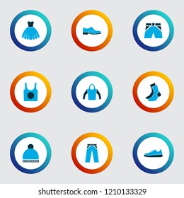 Dress icons colored set with briefs, half-hose, gumshoes and other man footwear elements. Isolated vector illustration dress icons.