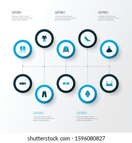 Dress icons colored set with sandals, bra, dressing gown tuxedo elements. Isolated vector illustration dress icons.