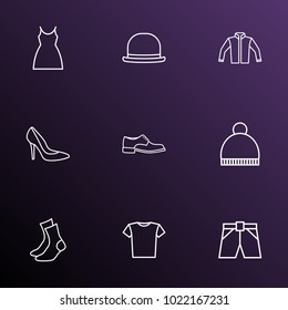 Dress icons line style set with jacket, beanie, panama and other half-hose elements. Isolated vector illustration dress icons.