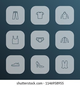 Dress icons line style set with heels, panties, vest and other sweatshirt elements. Isolated vector illustration dress icons.