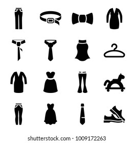 Dress icons. set of 16 editable filled dress icons such as dress, woman pants, belt, toy horse, hanger, tie, man shoe, skirt