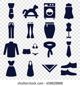 Dress icons set. set of 16 dress filled icons such as mannequin, man shoe, dress, sweater, tie, cravat, woman pants, skirt, swimsuit, washing machine