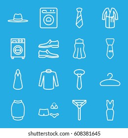 Dress icons set. set of 16 dress outline icons such as man shoe, dress, sweater, tie, skirt, hat, hanger, swimsuit