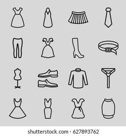 Dress icons set. set of 16 dress outline icons such as woman boot, dress, mannequin, man shoe, sweater, tie, woman pants, skirt