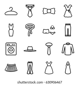 Dress icons set. set of 16 dress outline icons such as dress, sweater, tie, woman pants, skirt, bow tie, hat, hanger, swimsuit