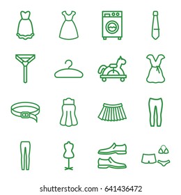 Dress icons set. set of 16 dress outline icons such as dress, mannequin, man shoe, tie, woman pants, skirt, belt, hanger, swimsuit, washing machine