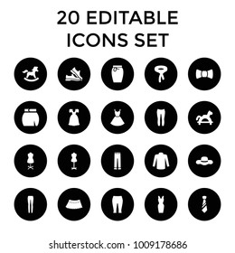 Dress icons. set of 20 editable filled dress icons such as mannequin, sweater, tie, woman pants, skirt, toy horse, man shoe. best quality dress elements in trendy style.