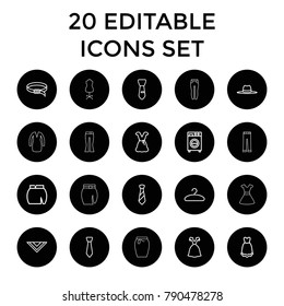 Dress icons. set of 20 editable outline dress icons such as cravat, skirt, belt, tie, hat, hanger, washing machine, mannequin. best quality dress elements in trendy style.