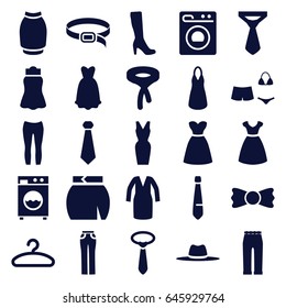 Dress icons set. set of 25 dress filled icons such as woman boot, dress, tie, woman pants, skirt, belt, bow tie, hat, hanger, swimsuit