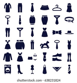 Dress icons set. set of 36 dress filled icons such as woman boot, dress, mannequin, man shoe, sweater, tie, cravat, woman pants, skirt, belt, bow tie, hat, hanger, swimsuit