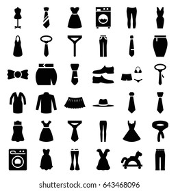 Dress icons set. set of 36 dress filled icons such as dress, mannequin, man shoe, sweater, tie, woman pants, skirt, bow tie, hat, swimsuit, washing machine