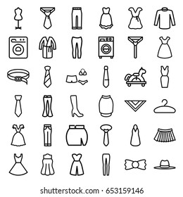 Dress icons set. set of 36 dress outline icons such as woman boot, dress, mannequin, sweater, tie, cravat, woman pants, skirt, belt, bow tie, hat, hanger, swimsuit