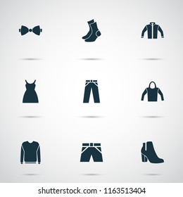 Dress icons set with bow tie, hoodie, pullover and other female winter shoes elements. Isolated vector illustration dress icons.