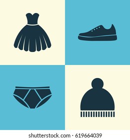 Dress Icons Set. Collection Of Beanie, Sarafan, Briefs And Other Elements. Also Includes Symbols Such As Sarafan, Sundress, Pants.