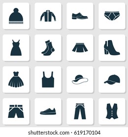 Dress Icons Set. Collection Of Briefs, Half-Hose, Beanie And Other Elements. Also Includes Symbols Such As Trousers, Sarafan, Female.