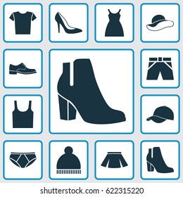 Dress Icons Set. Collection Of Briefs, Trunks Cloth, Elegant Headgear And Other Elements. Also Includes Symbols Such As Briefs, Trunks, Beanie.