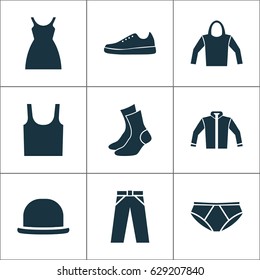 Dress Icons Set. Collection Of Briefs, Panama, Pants And Other Elements. Also Includes Symbols Such As Fedora, Sneakers, Garment.