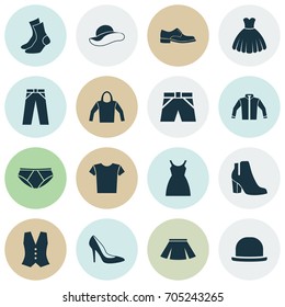 Dress Icons Set. Collection Of Briefs, Waistcoat, Stylish Apparel And Other Elements. Also Includes Symbols Such As Cloth, Jacket, Apparel.