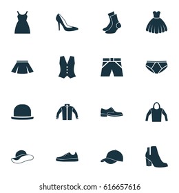 Dress Icons Set. Collection Of Cardigan, Female Winter Shoes, Panama And Other Elements. Also Includes Symbols Such As Cloth, Clothes, Skirt.