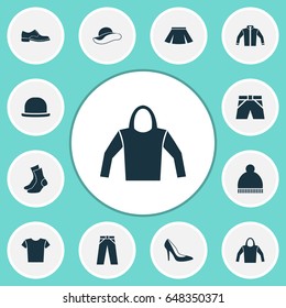 Dress Icons Set. Collection Of Cardigan, Casual, Sweatshirt And Other Elements. Also Includes Symbols Such As Apparel, Pants, Garment.