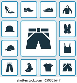 Dress Icons Set. Collection Of Casual, Trilby, Half-Hose And Other Elements. Also Includes Symbols Such As Tank, Pants, Sweatshirt.