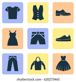 Dress Icons Set. Collection Of Elegance, Pants, Sarafan And Other Elements. Also Includes Symbols Such As Clothes, Vest, Male.