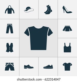 Dress Icons Set. Collection Of Elegance, Pants, Heel Footwear And Other Elements. Also Includes Symbols Such As Leggings, Elegant, Hoodie.