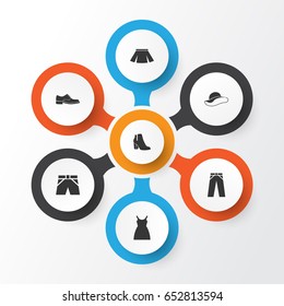 Dress Icons Set. Collection Of Elegance, Pants, Elegant Headgear And Other Elements. Also Includes Symbols Such As Boots, Dress, Footwear.