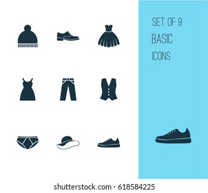 Dress Icons Set. Collection Of Dress, Elegant Headgear, Pants And Other Elements. Also Includes Symbols Such As Sarafan, Waistcoat, Male.