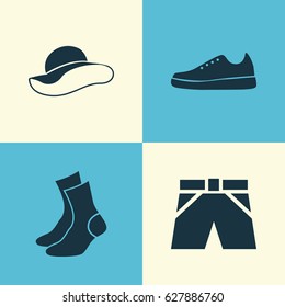 Dress Icons Set. Collection Of Elegant Headgear, Half-Hose, Trunks Cloth And Other Elements. Also Includes Symbols Such As Gumshoes, Headgear, Half-Hose.