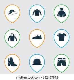 Dress Icons Set. Collection Of Elegant Headgear, Sneakers, Casual And Other Elements. Also Includes Symbols Such As Cloth, Clothes, Casual.