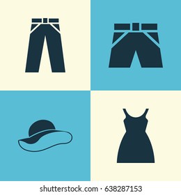 Dress Icons Set. Collection Of Elegant Headgear, Trunks Cloth, Pants And Other Elements. Also Includes Symbols Such As Trunks, Headgear, Trousers.