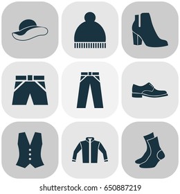 Dress Icons Set. Collection Of Elegant Headgear, Cardigan, Elegance And Other Elements. Also Includes Symbols Such As Hat, Jacket, Footwear.