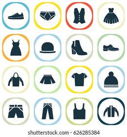 Dress Icons Set. Collection Of Female Winter Shoes, Cardigan, Sarafan And Other Elements. Also Includes Symbols Such As Sleeveless, Hoodie, Clothes.