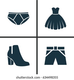 Dress Icons Set. Collection Of Female Winter Shoes, Briefs, Trunks Cloth And Other Elements. Also Includes Symbols Such As Female, Dress, Underpants.