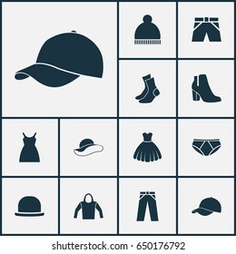 Dress Icons Set. Collection Of Female Winter Shoes, Briefs, Trilby And Other Elements. Also Includes Symbols Such As Garment, Trunks, Boots.