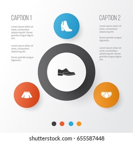 Dress Icons Set. Collection Of Female Winter Shoes, Stylish Apparel, Elegance And Other Elements. Also Includes Symbols Such As Pants, Male, Boots.