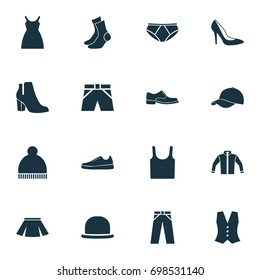 Dress Icons Set. Collection Of Female Winter Shoes, Sneakers, Briefs And Other Elements. Also Includes Symbols Such As Underpants, Cloth, Half-Hose.