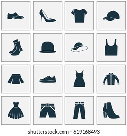 Dress Icons Set. Collection Of Dress, Half-Hose, Singlet And Other Elements. Also Includes Symbols Such As Half-Hose, Fedora, Casual.