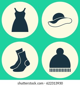 Dress Icons Set. Collection Of Half-Hose, Beanie, Elegant Headgear And Other Elements. Also Includes Symbols Such As Hat, Headgear, Socks.